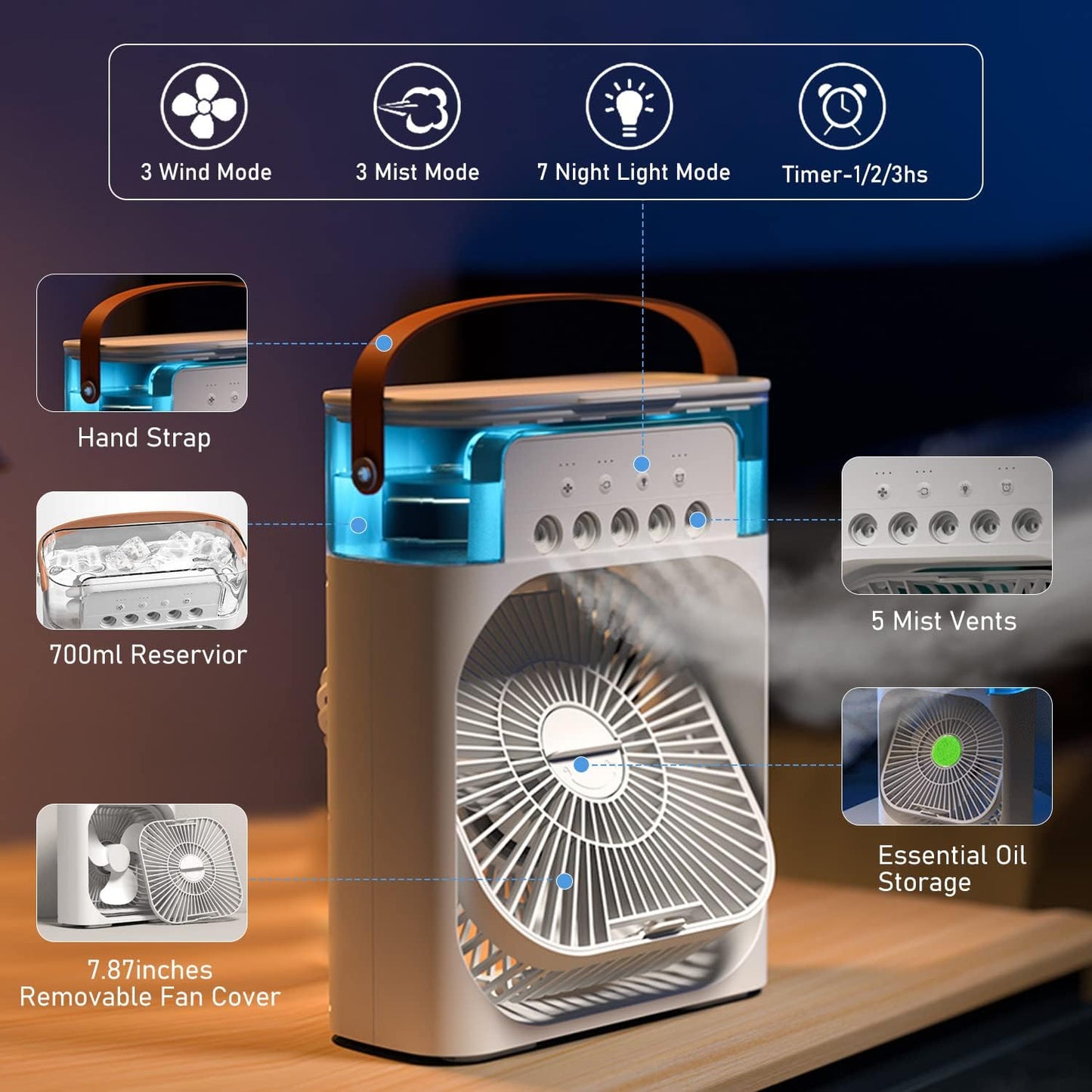 Portable Air Conditioner Fan Large Size Usb Electric Fan With Led Night Light, Fine Mist Water, And Humidifier Function | Led Night Light Water Mist (random Color)